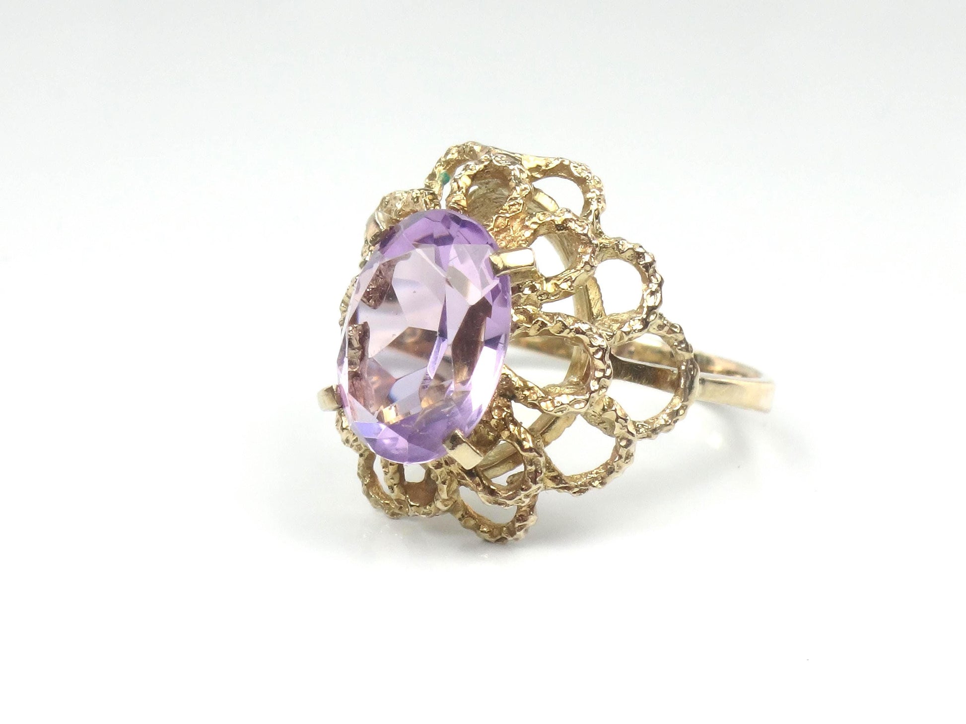 Vintage Yellow Gold Floral Amethyst Ring, Size 7