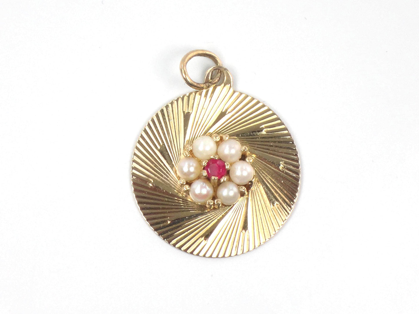 Vintage 14k Pearl Ruby Round Disc Pendant, Yellow Gold Circle Charm, Circa 1960's
