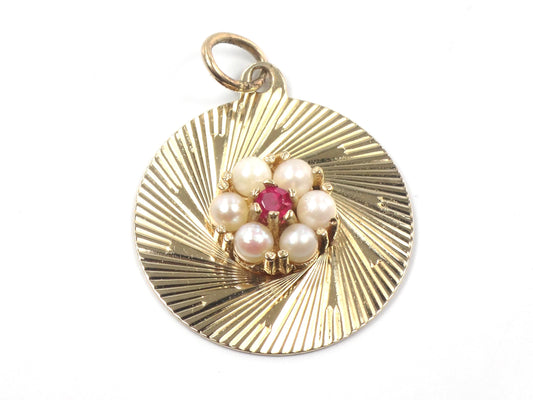Vintage 14k Pearl Ruby Round Disc Pendant, Yellow Gold Circle Charm, Circa 1960's