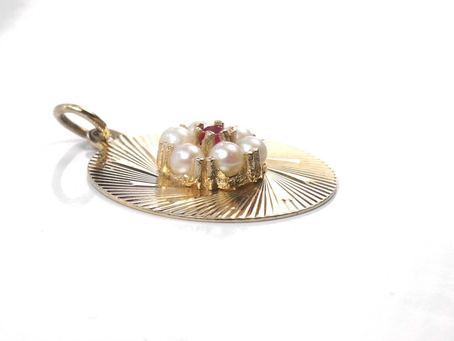 Vintage 14k Pearl Ruby Round Disc Pendant, Yellow Gold Circle Charm, Circa 1960's
