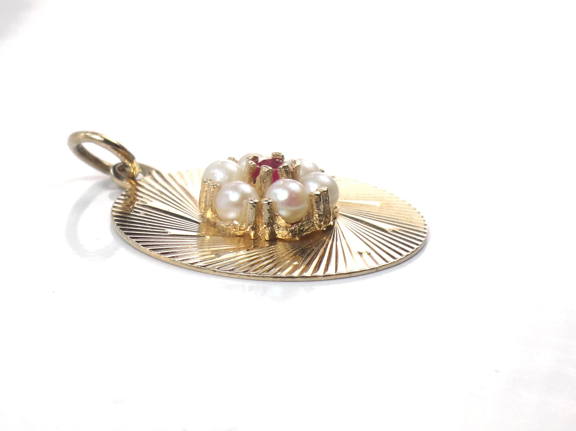 Vintage 14k Pearl Ruby Round Disc Pendant, Yellow Gold Circle Charm, Circa 1960's
