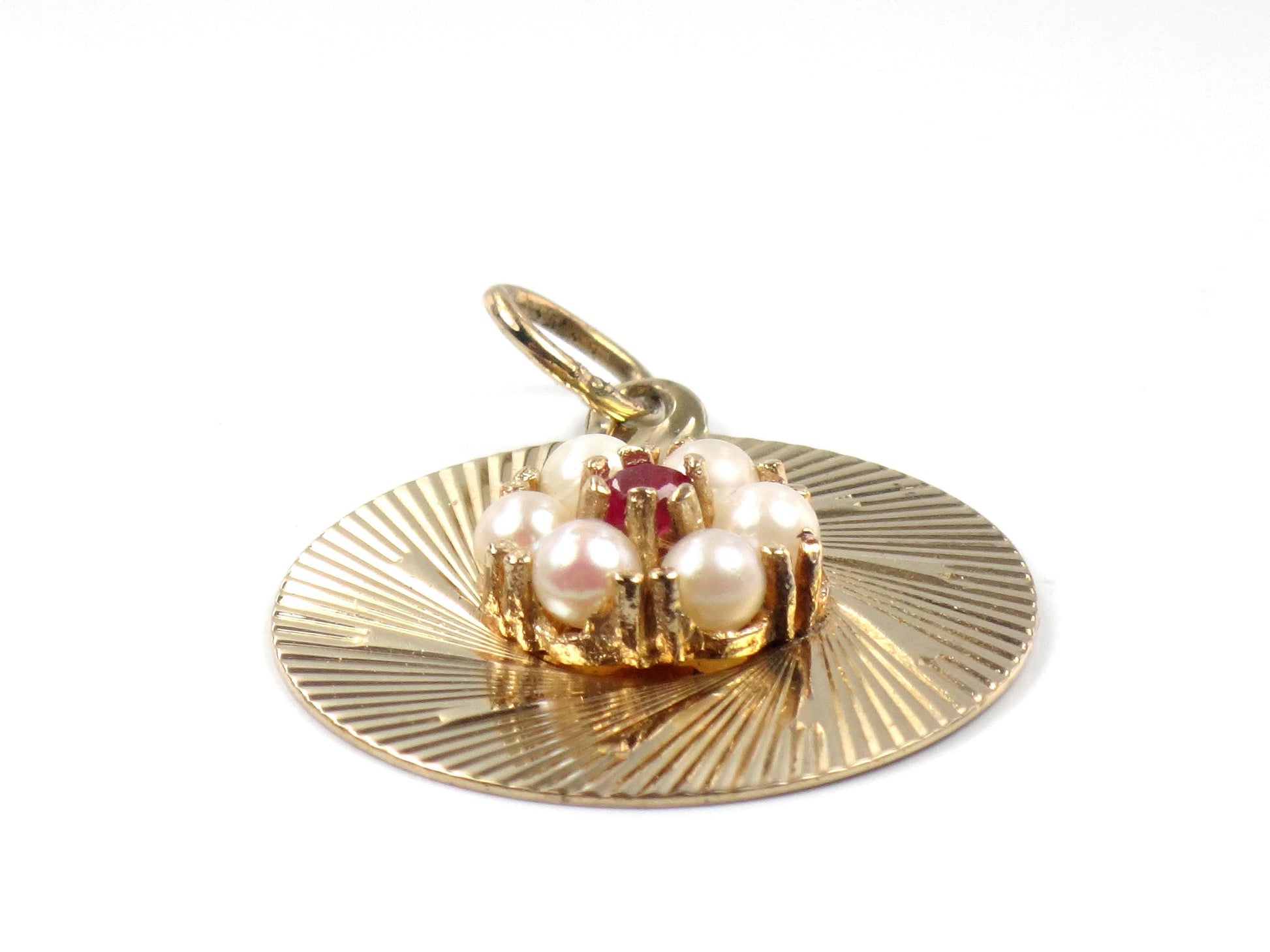 Vintage 14k Pearl Ruby Round Disc Pendant, Yellow Gold Circle Charm, Circa 1960's