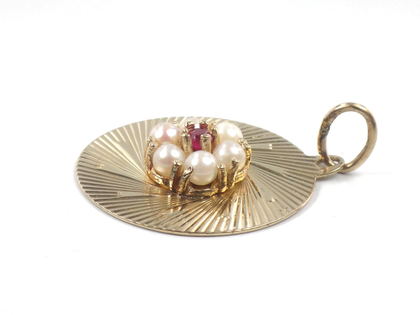 Vintage 14k Pearl Ruby Round Disc Pendant, Yellow Gold Circle Charm, Circa 1960's
