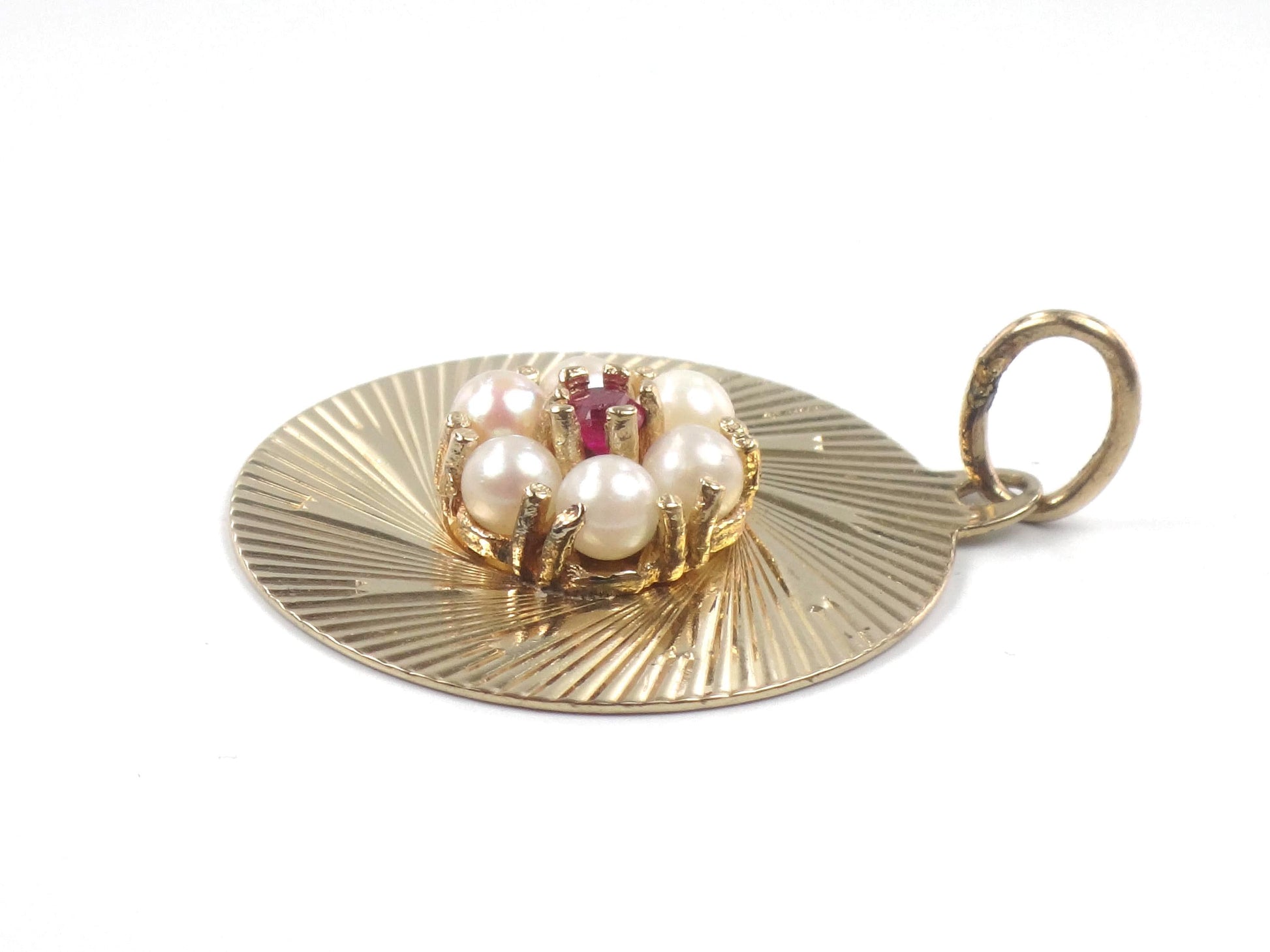 Vintage 14k Pearl Ruby Round Disc Pendant, Yellow Gold Circle Charm, Circa 1960's