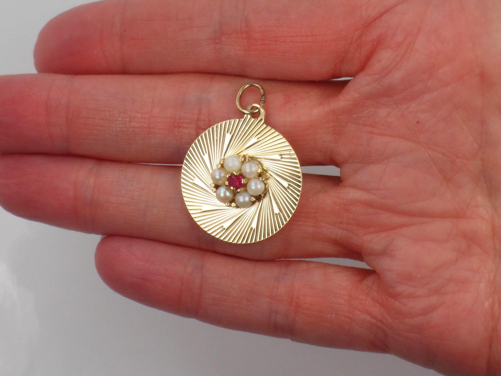 Vintage 14k Pearl Ruby Round Disc Pendant, Yellow Gold Circle Charm, Circa 1960's