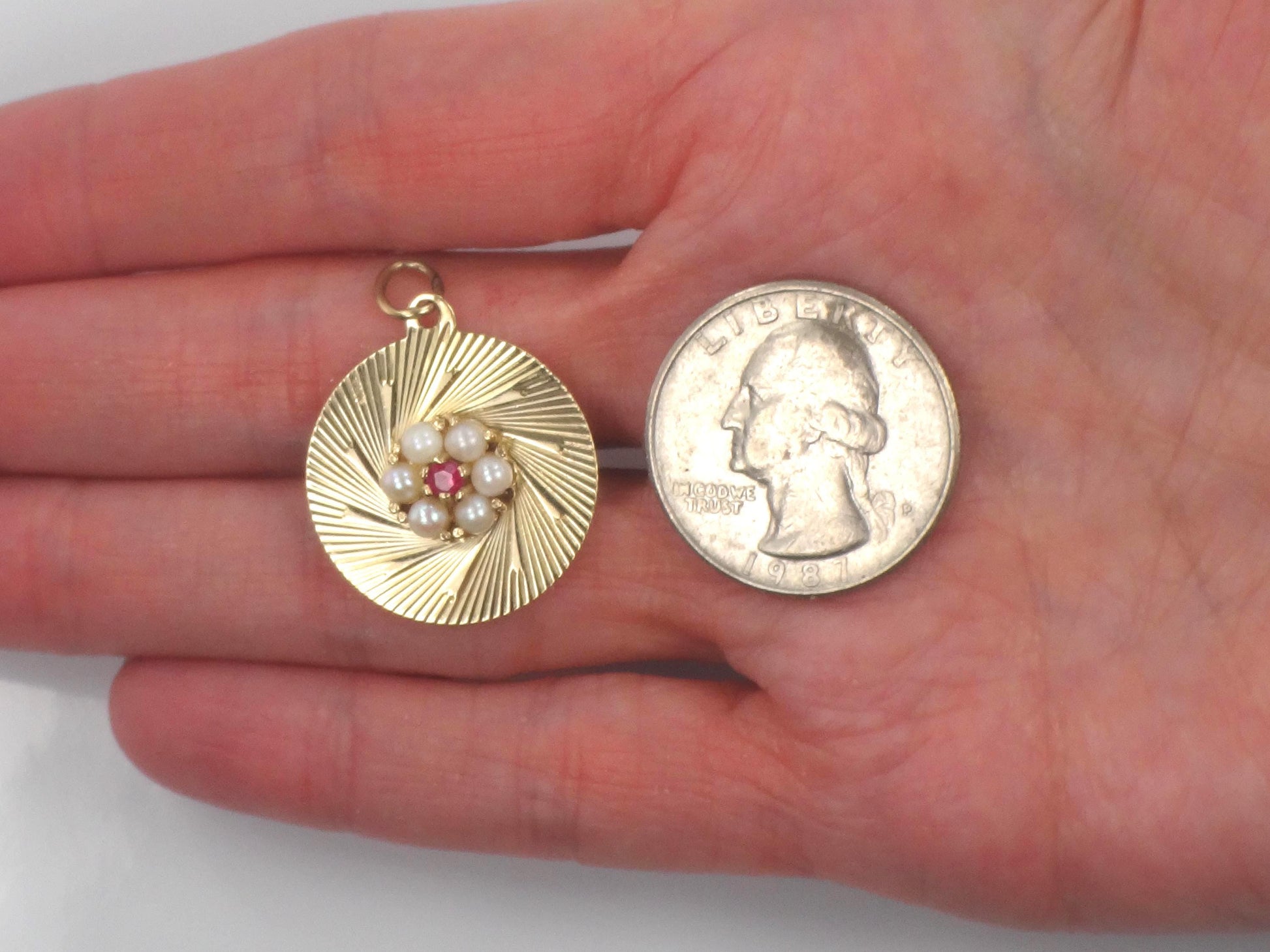 Vintage 14k Pearl Ruby Round Disc Pendant, Yellow Gold Circle Charm, Circa 1960's