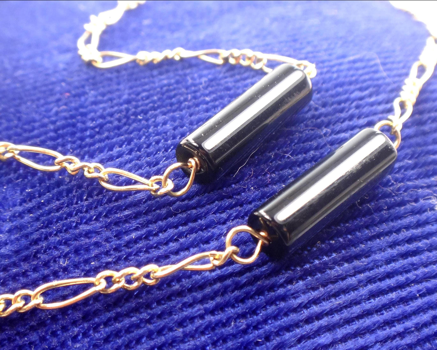 Vintage 14k Gold Black Onyx Station Chain Necklace, 20"