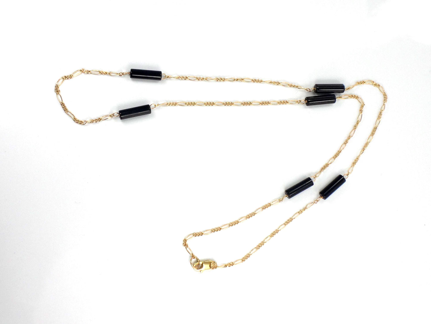 Vintage 14k Gold Black Onyx Station Chain Necklace, 20"
