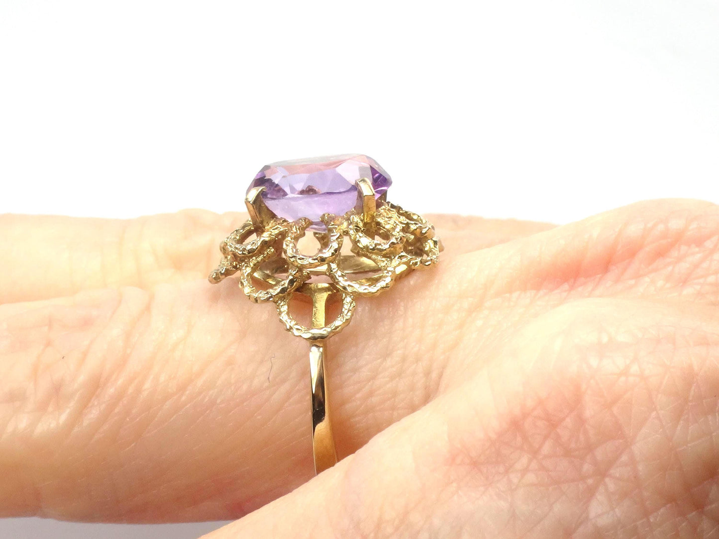 Vintage Yellow Gold Floral Amethyst Ring, Size 7