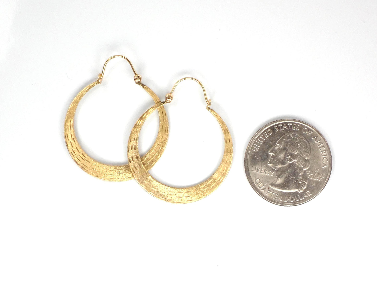 Vintage 14k Yellow Gold Round Hoop Earrings, 1 1/8" Diamond Cut Flat Solid Hoops