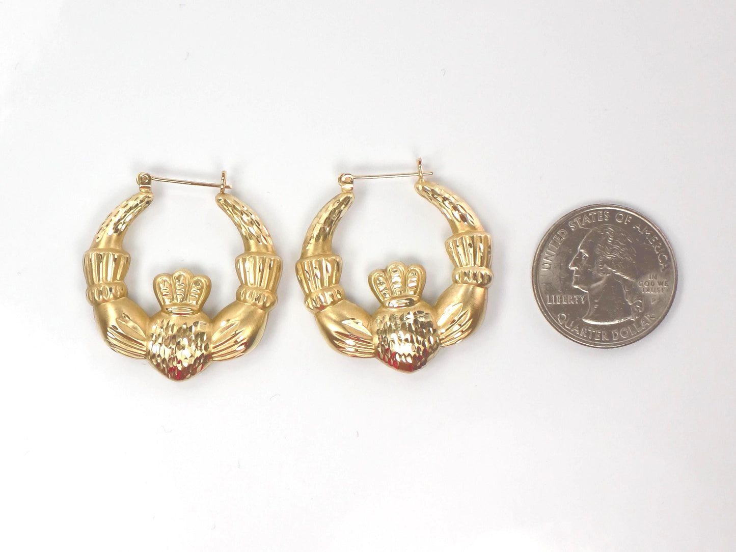 14k Yellow Gold Claddagh Hoop Earrings: Vintage, Large 1 1/4"