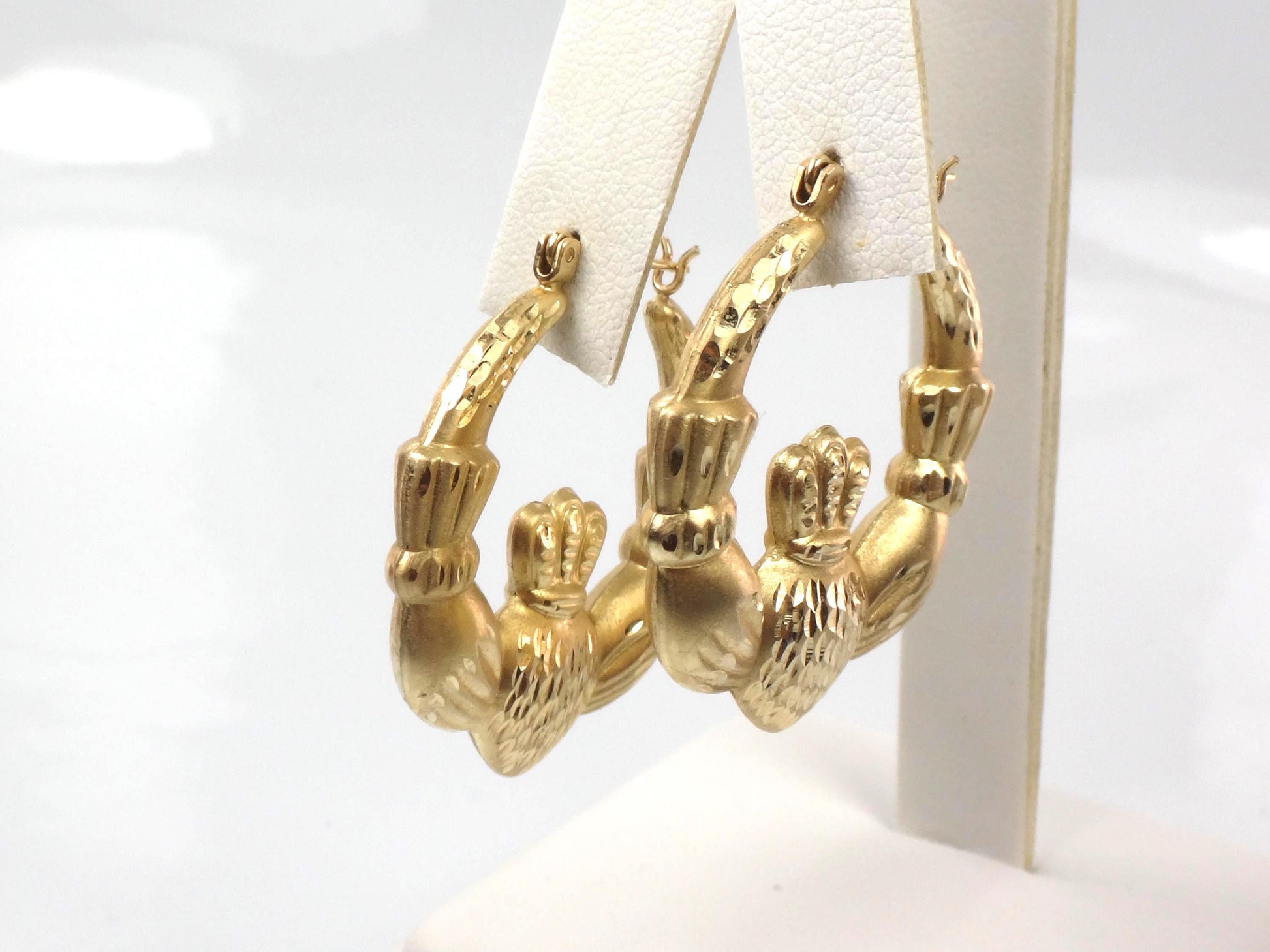 14k Yellow Gold Claddagh Hoop Earrings: Vintage, Large 1 1/4"