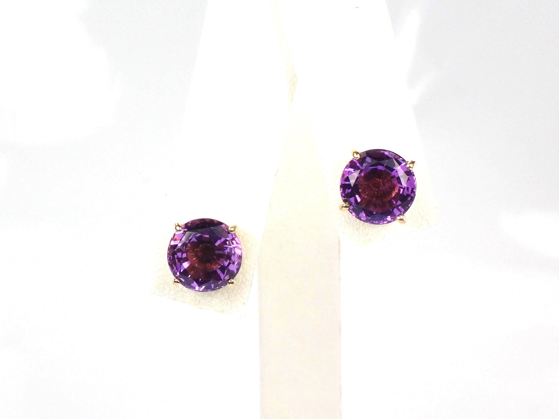Vintage 14k Yellow Gold Round Amethyst Stud Earrings: 8 MM, February Birthstone