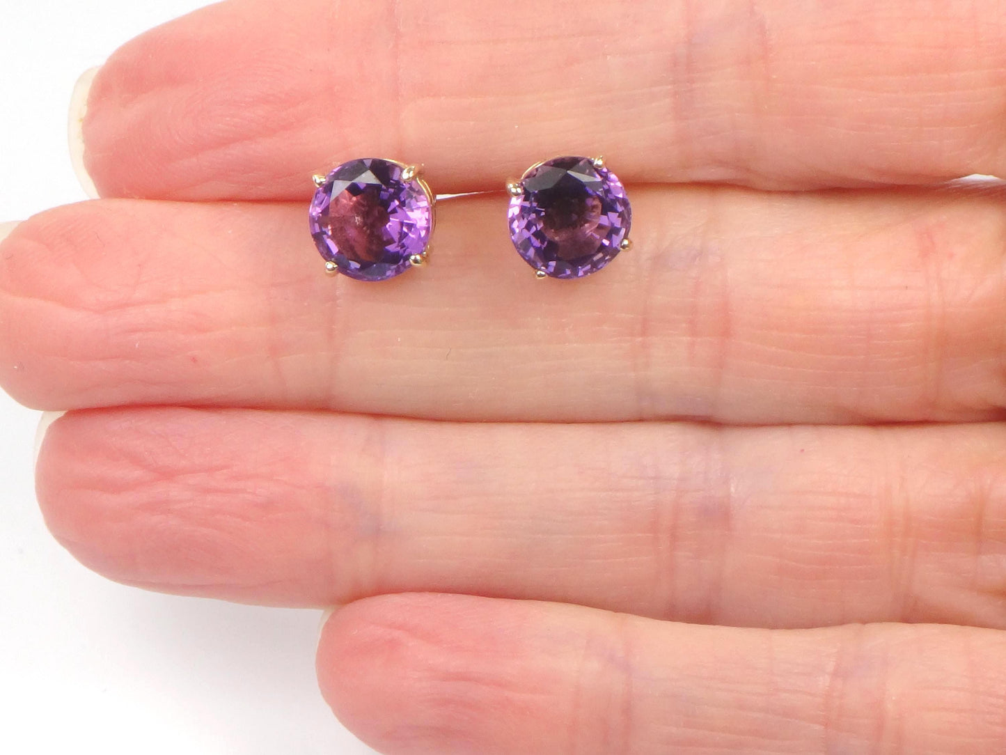 Vintage 14k Yellow Gold Round Amethyst Stud Earrings: 8 MM, February Birthstone