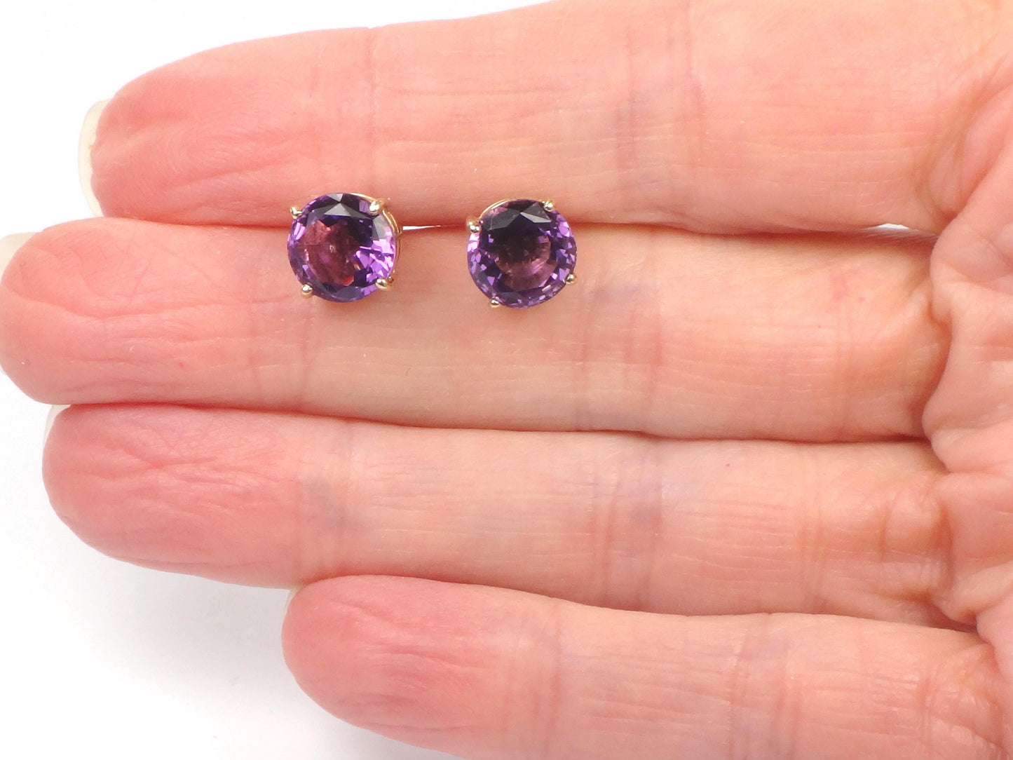 Vintage 14k Yellow Gold Round Amethyst Stud Earrings: 8 MM, February Birthstone
