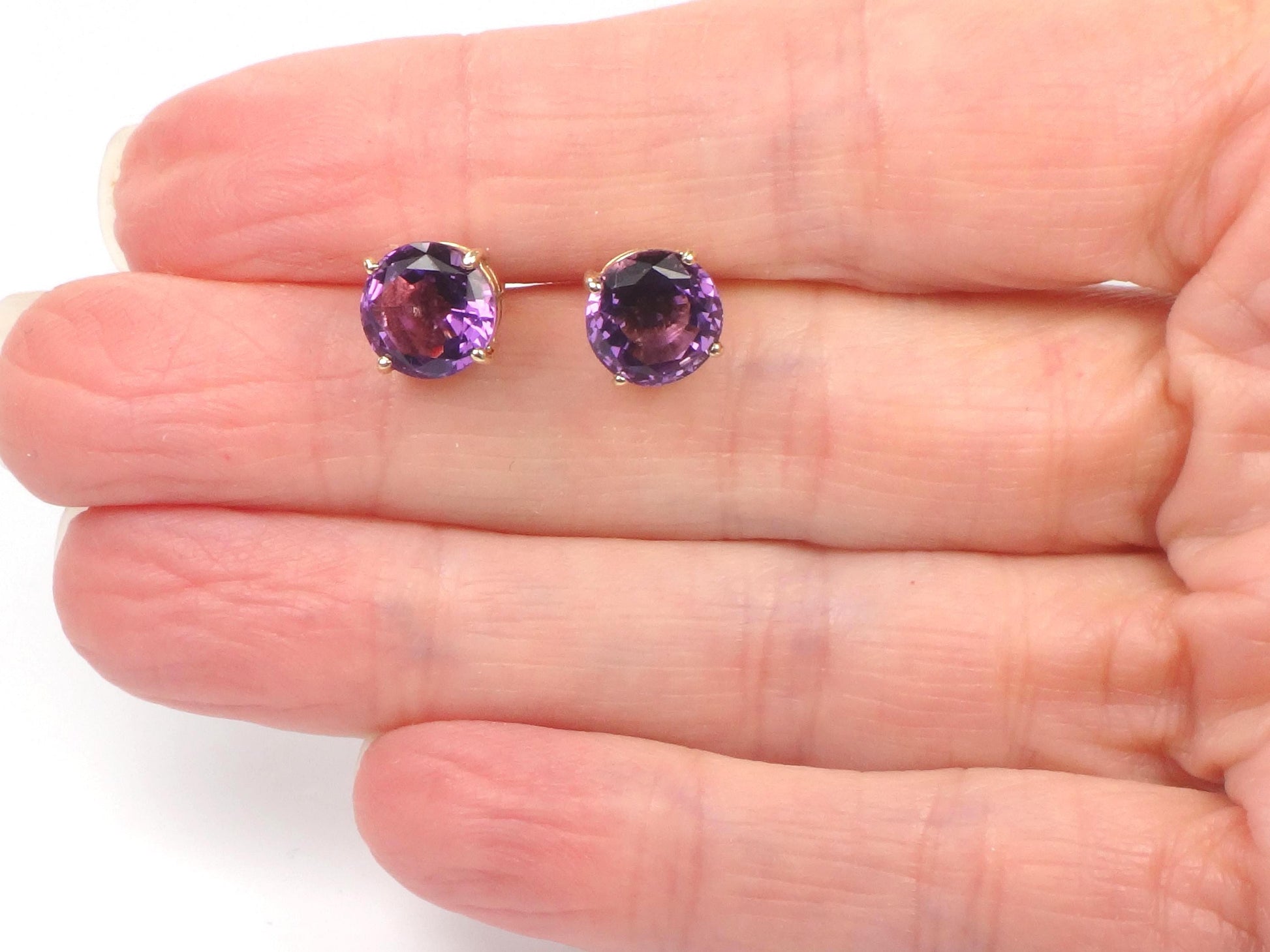 Vintage 14k Yellow Gold Round Amethyst Stud Earrings: 8 MM, February Birthstone