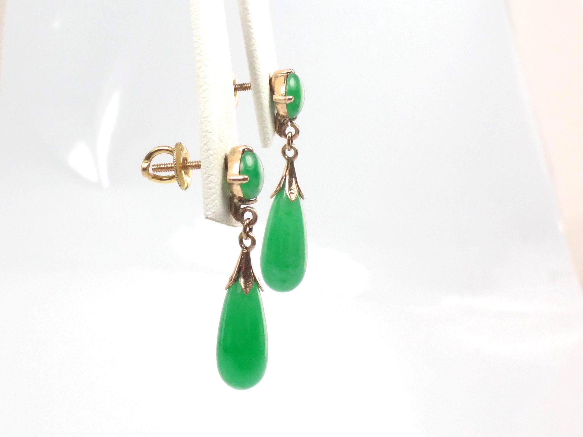 Vintage 14k Yellow Gold Green Jade Drop Earrings, Art Deco Style