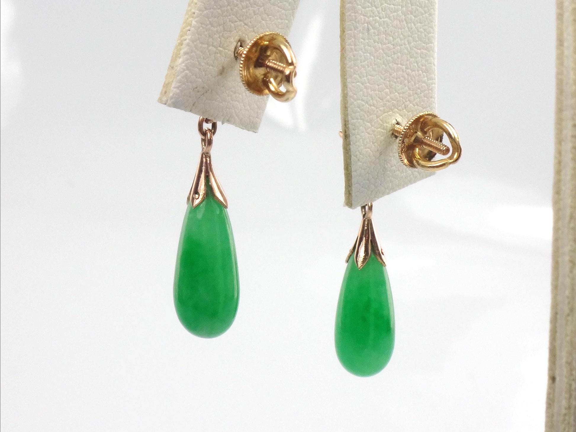 Vintage 14k Yellow Gold Green Jade Drop Earrings, Art Deco Style
