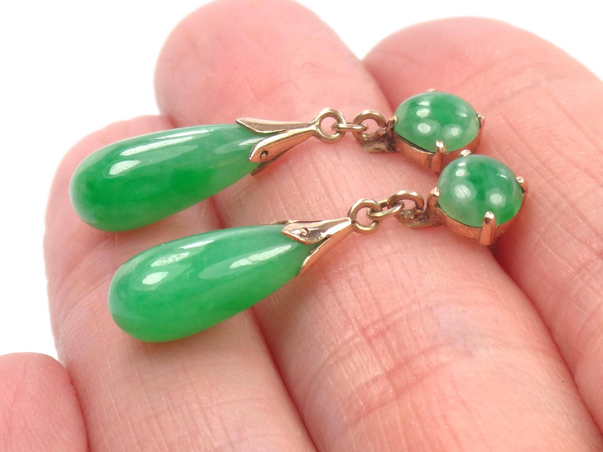 Vintage 14k Yellow Gold Green Jade Drop Earrings, Art Deco Style