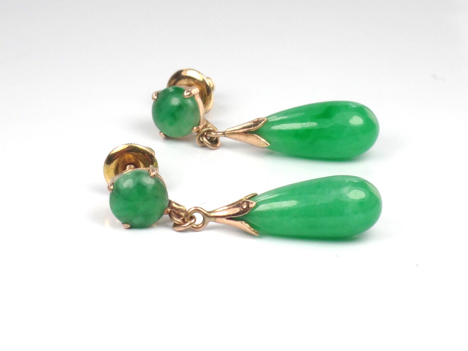 Vintage 14k Yellow Gold Green Jade Drop Earrings, Art Deco Style