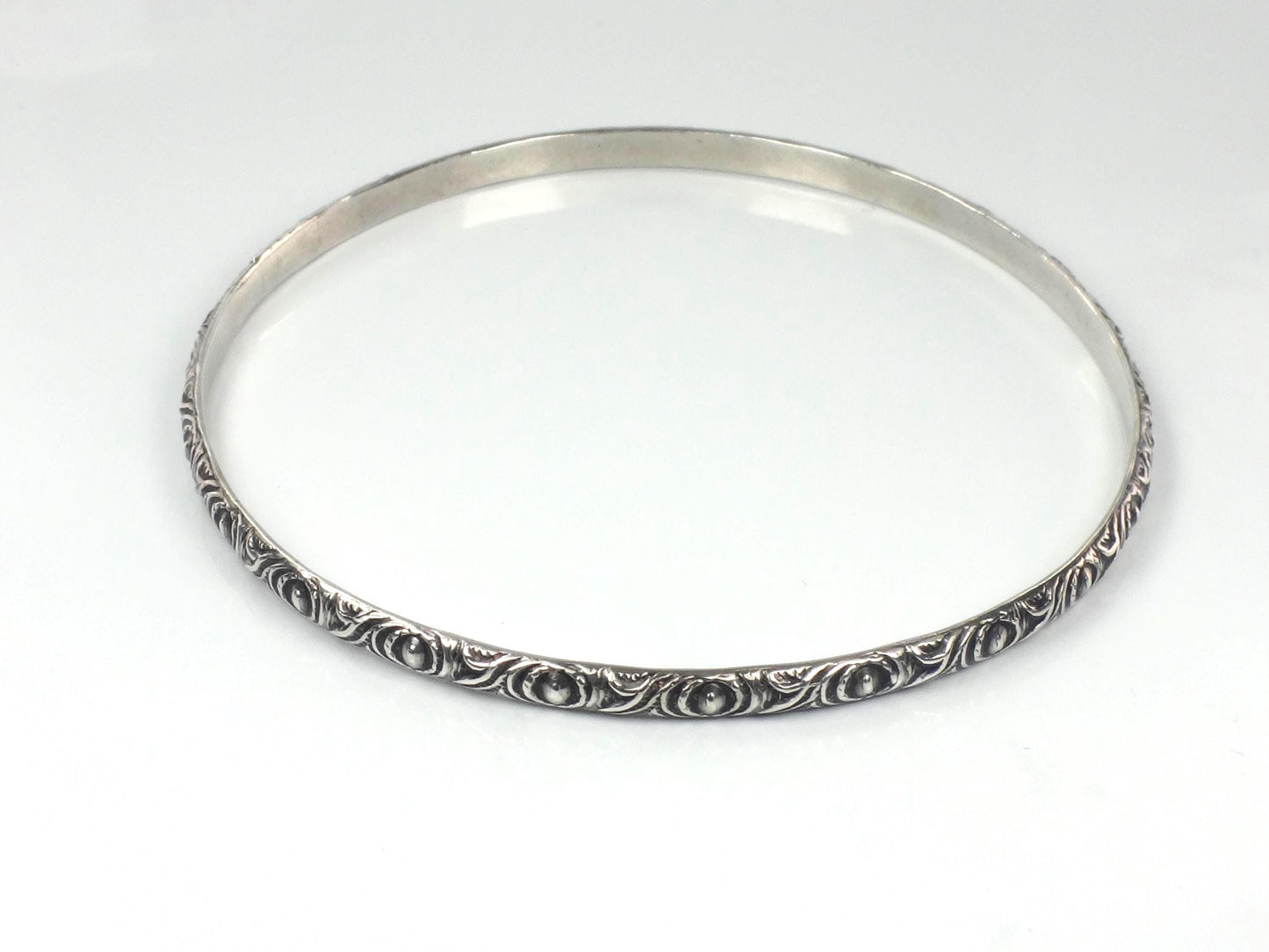 Vintage Thin Sterling Silver Bangle Bracelet Slip On Bracelet, Repousse Style Design, 7 7/8"