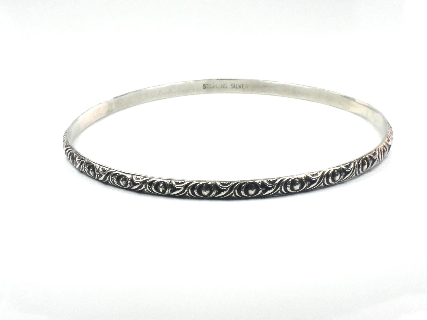 Vintage Thin Sterling Silver Bangle Bracelet Slip On Bracelet, Repousse Style Design, 7 7/8"