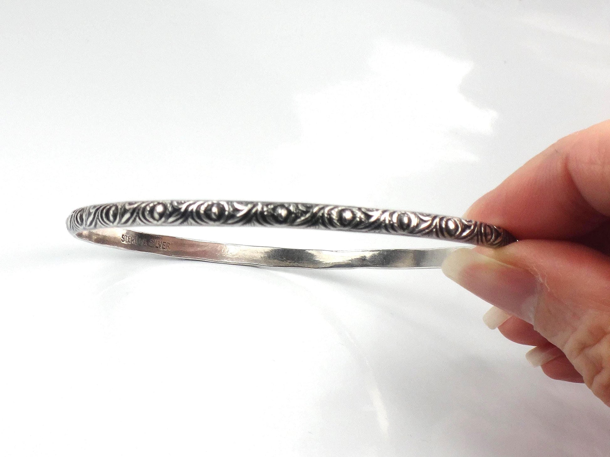 Vintage Thin Sterling Silver Bangle Bracelet Slip On Bracelet, Repousse Style Design, 7 7/8"