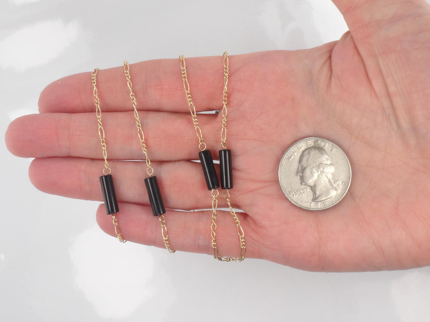 Vintage 14k Gold Black Onyx Station Chain Necklace, 20"