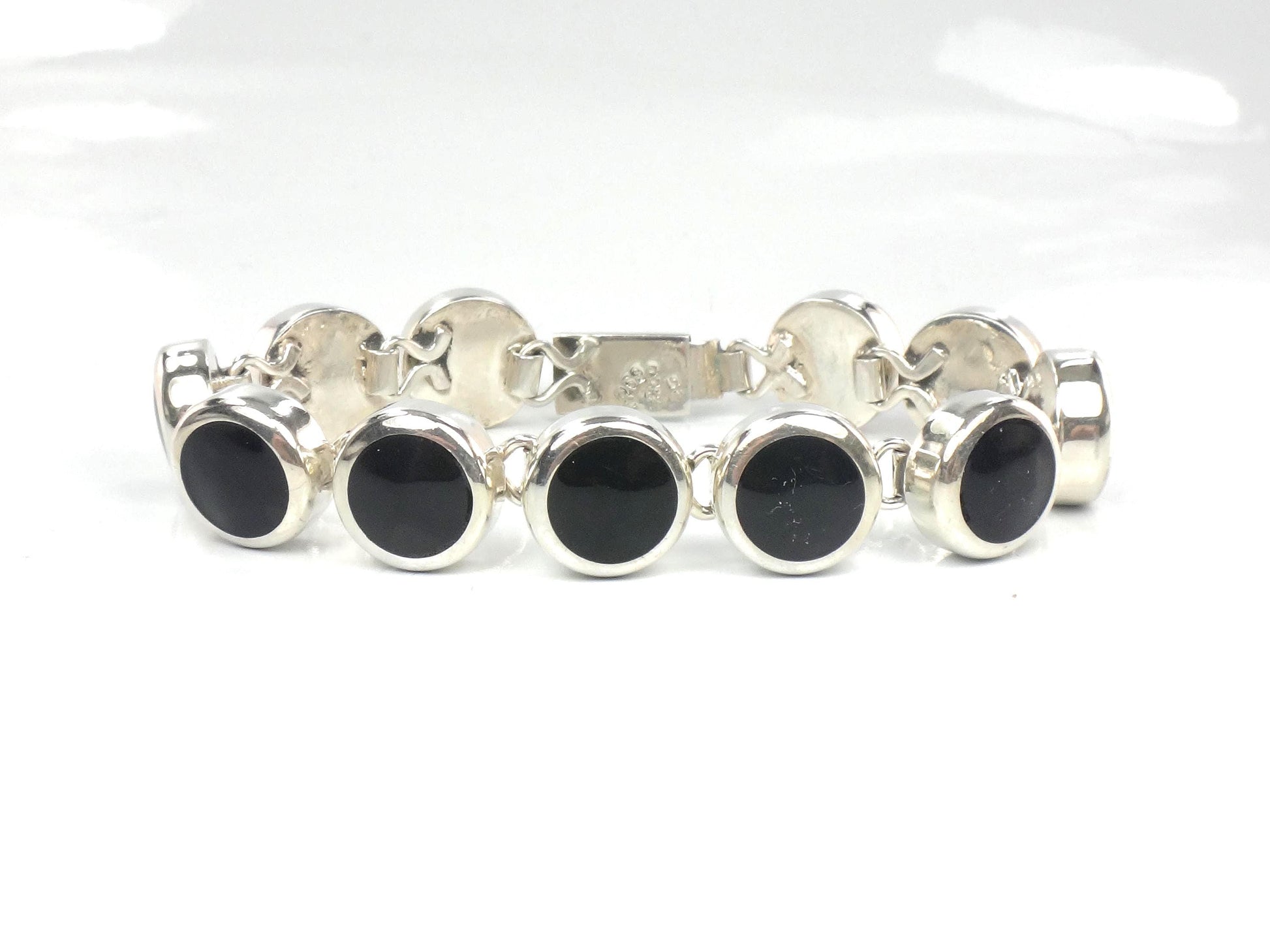 Vintage Sterling Silver Black Onyx Bracelet, Mexico 7"