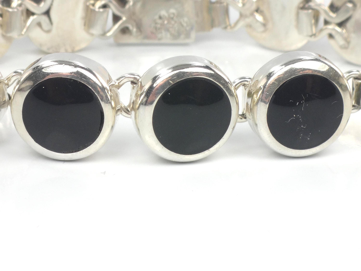 Vintage Sterling Silver Black Onyx Bracelet, Mexico 7"