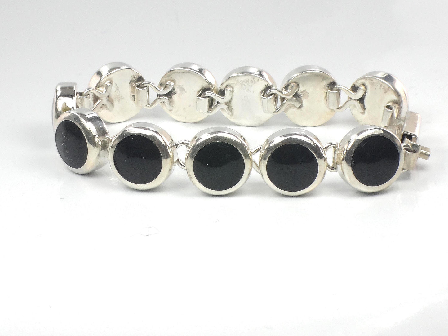 Vintage Sterling Silver Black Onyx Bracelet, Mexico 7"