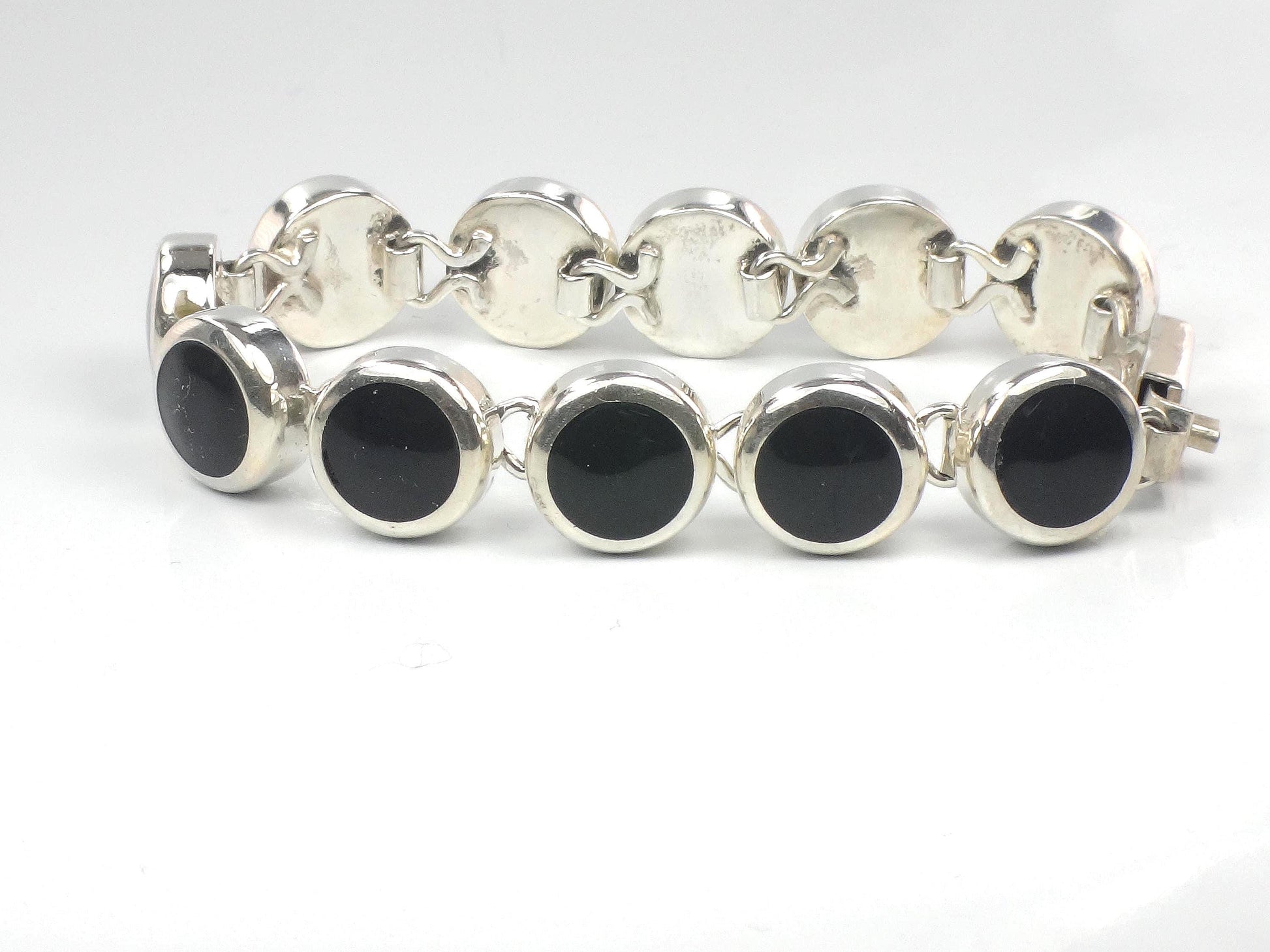 Vintage Sterling Silver Black Onyx Bracelet, Mexico 7"