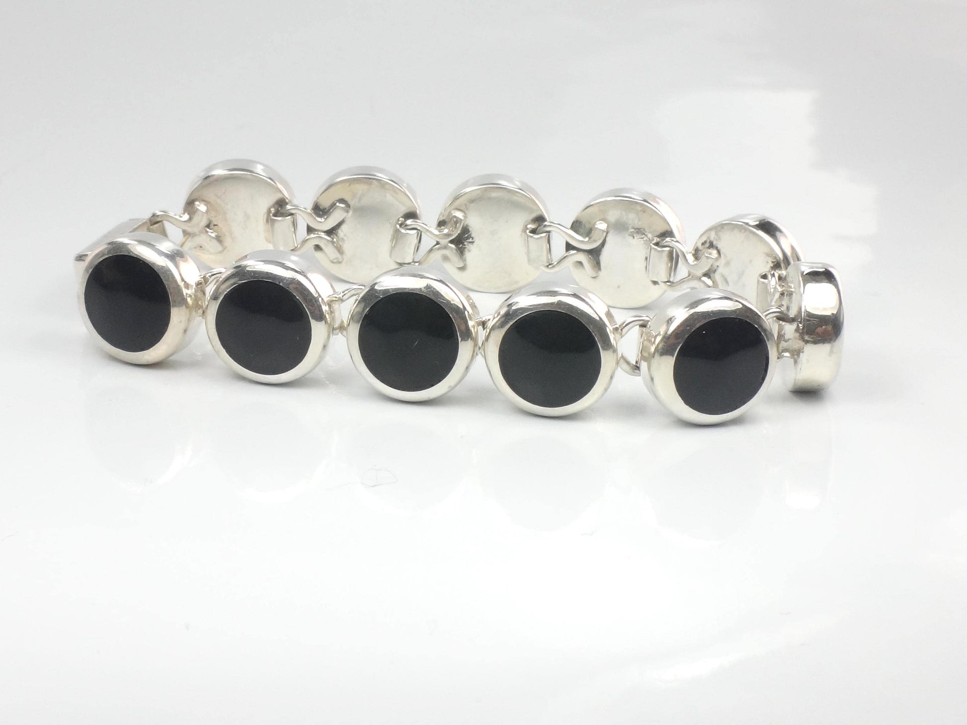 Vintage Sterling Silver Black Onyx Bracelet, Mexico 7"