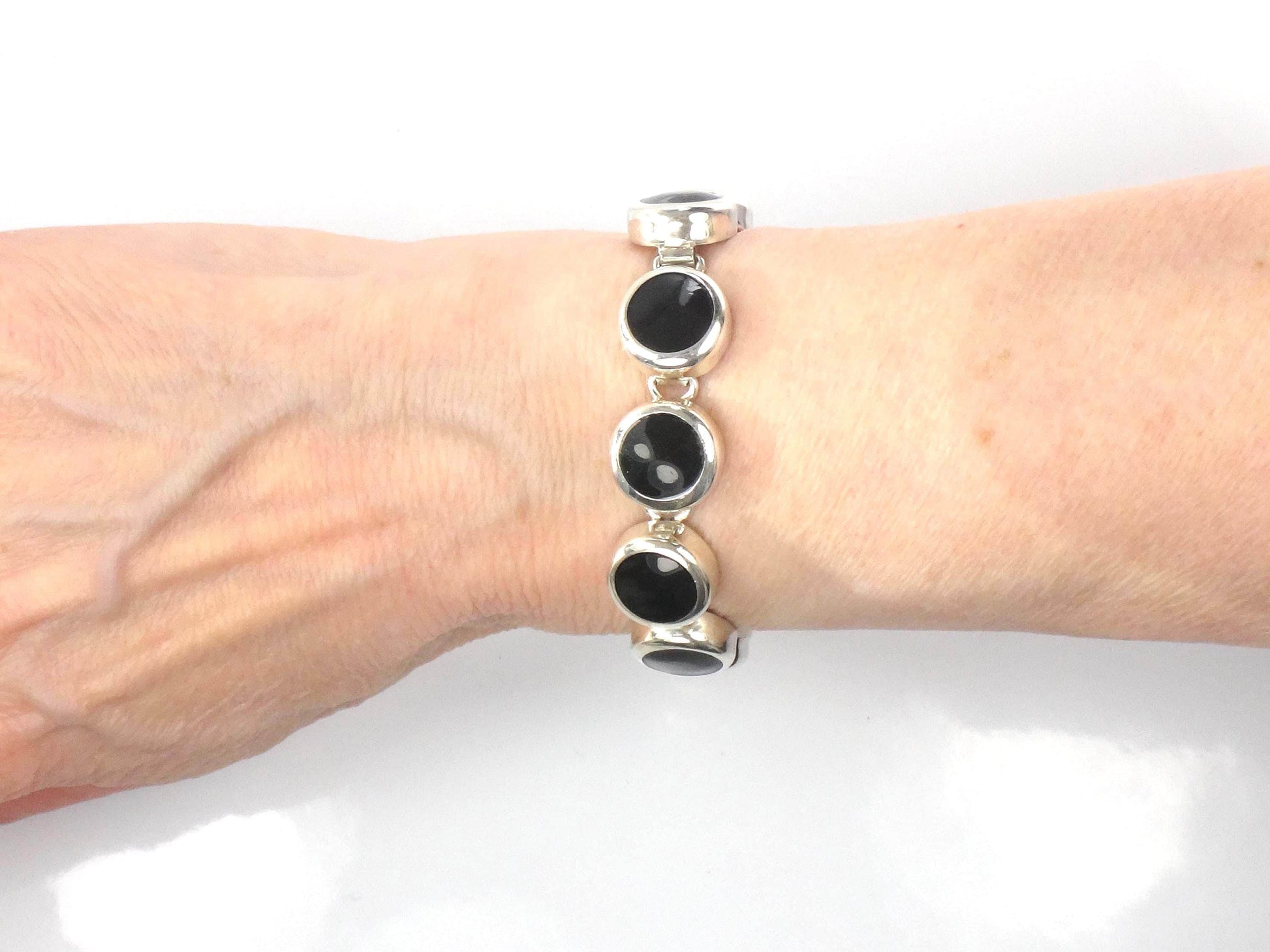 Vintage Sterling Silver Black Onyx Bracelet, Mexico 7"