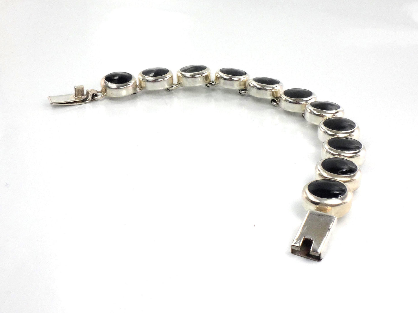 Vintage Sterling Silver Black Onyx Bracelet, Mexico 7"