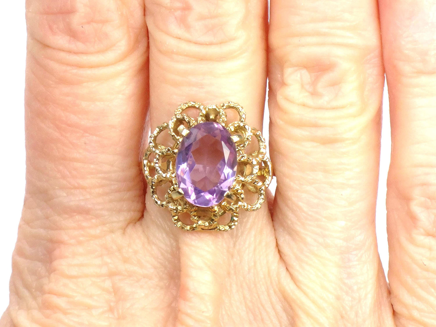 Vintage Yellow Gold Floral Amethyst Ring, Size 7