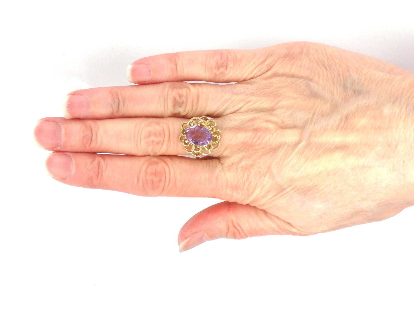 Vintage Yellow Gold Floral Amethyst Ring, Size 7
