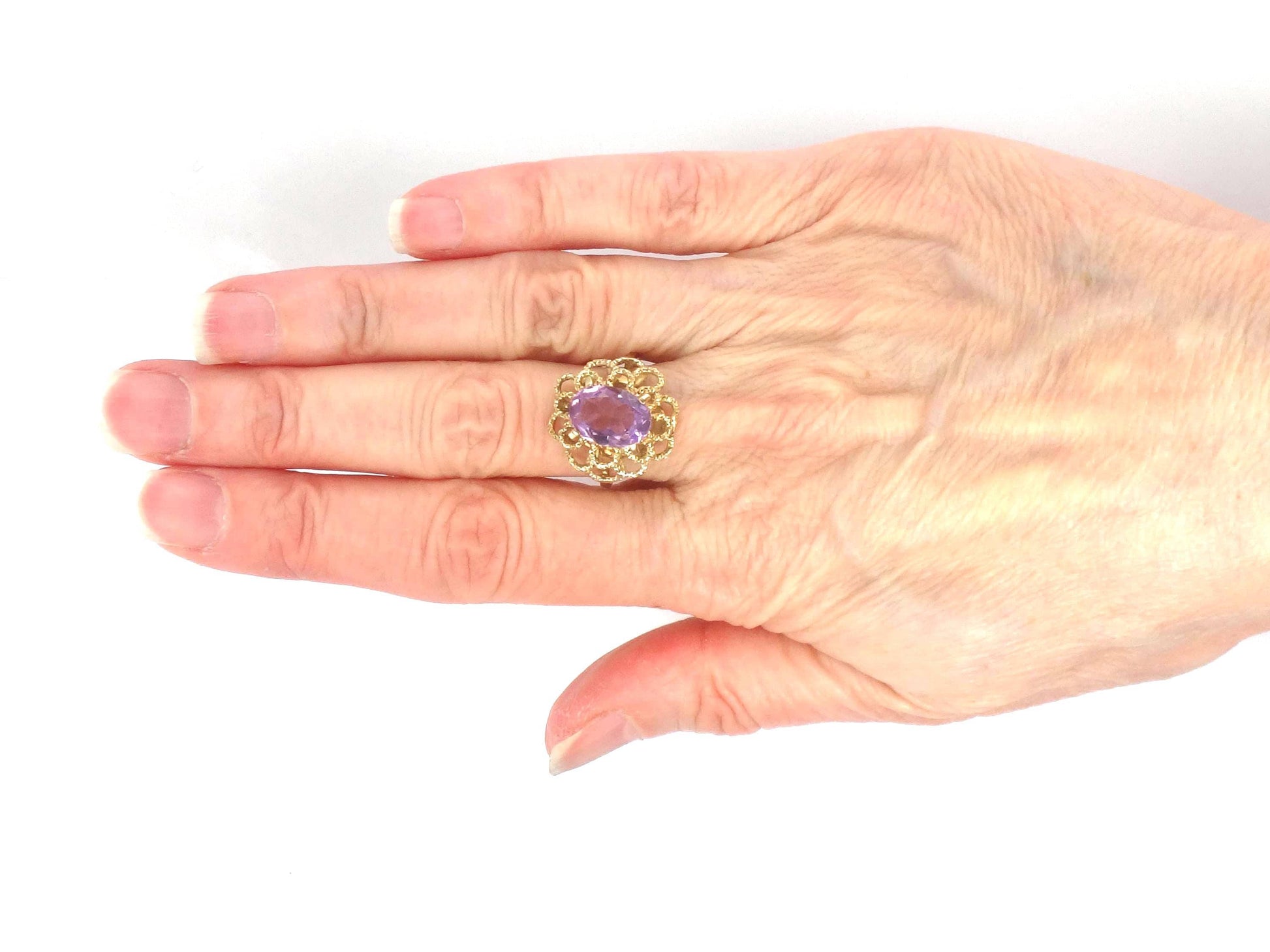 Vintage Yellow Gold Floral Amethyst Ring, Size 7