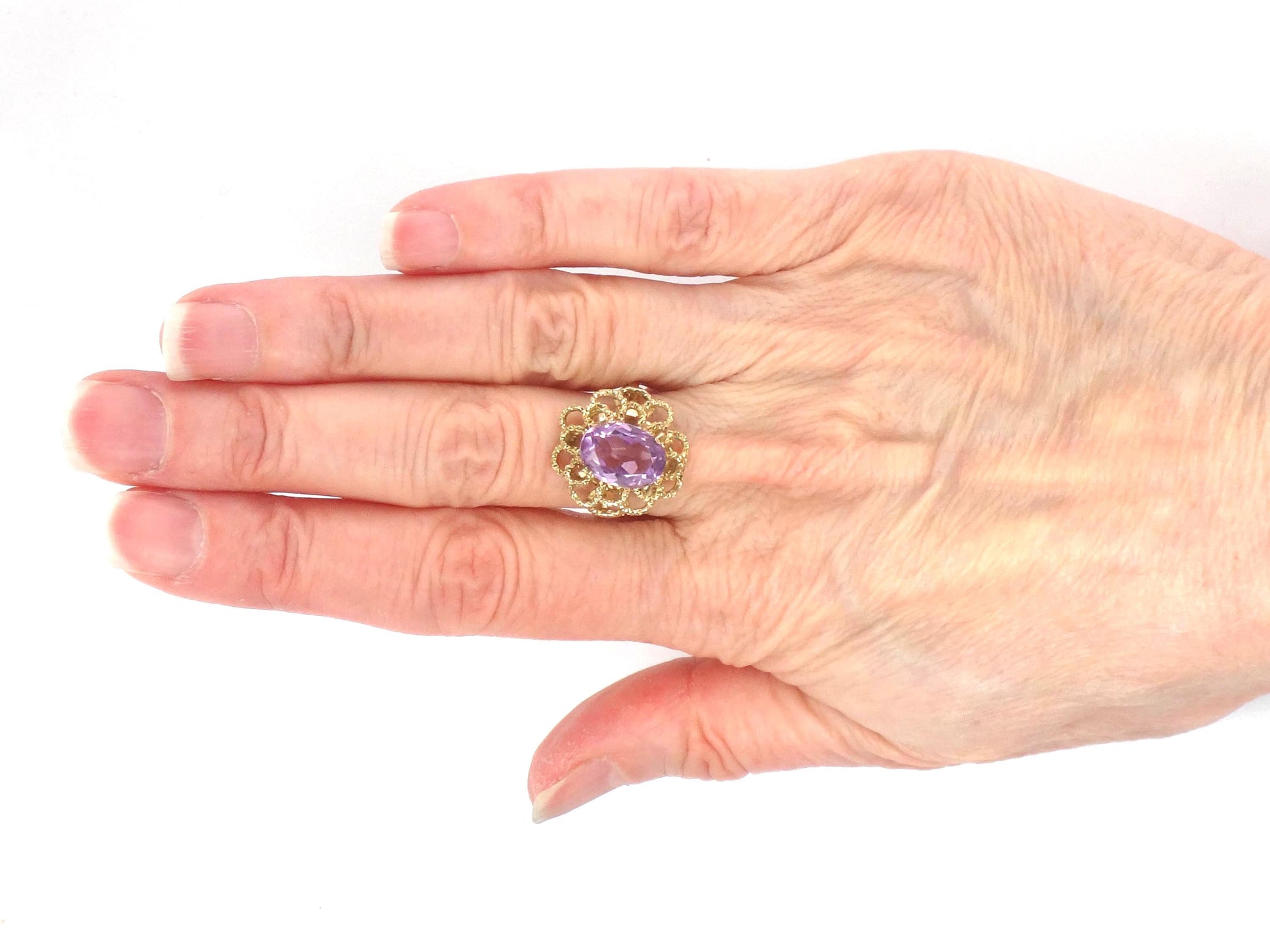 Vintage Yellow Gold Floral Amethyst Ring, Size 7