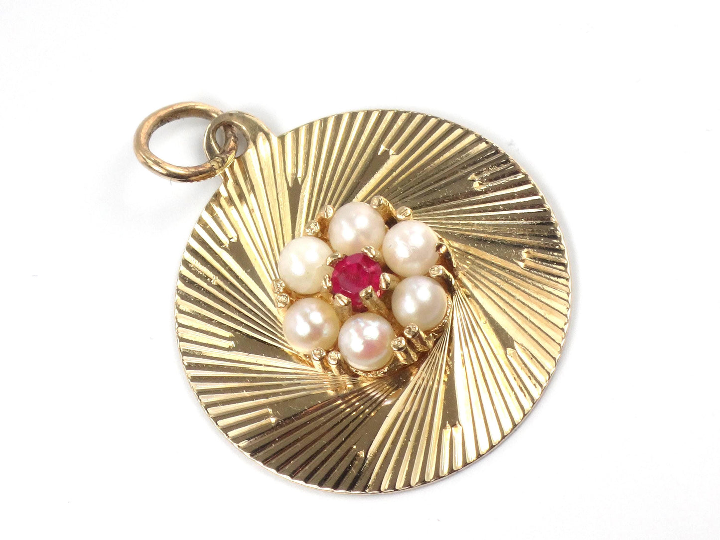 Vintage 14k Pearl Ruby Round Disc Pendant, Yellow Gold Circle Charm, Circa 1960's