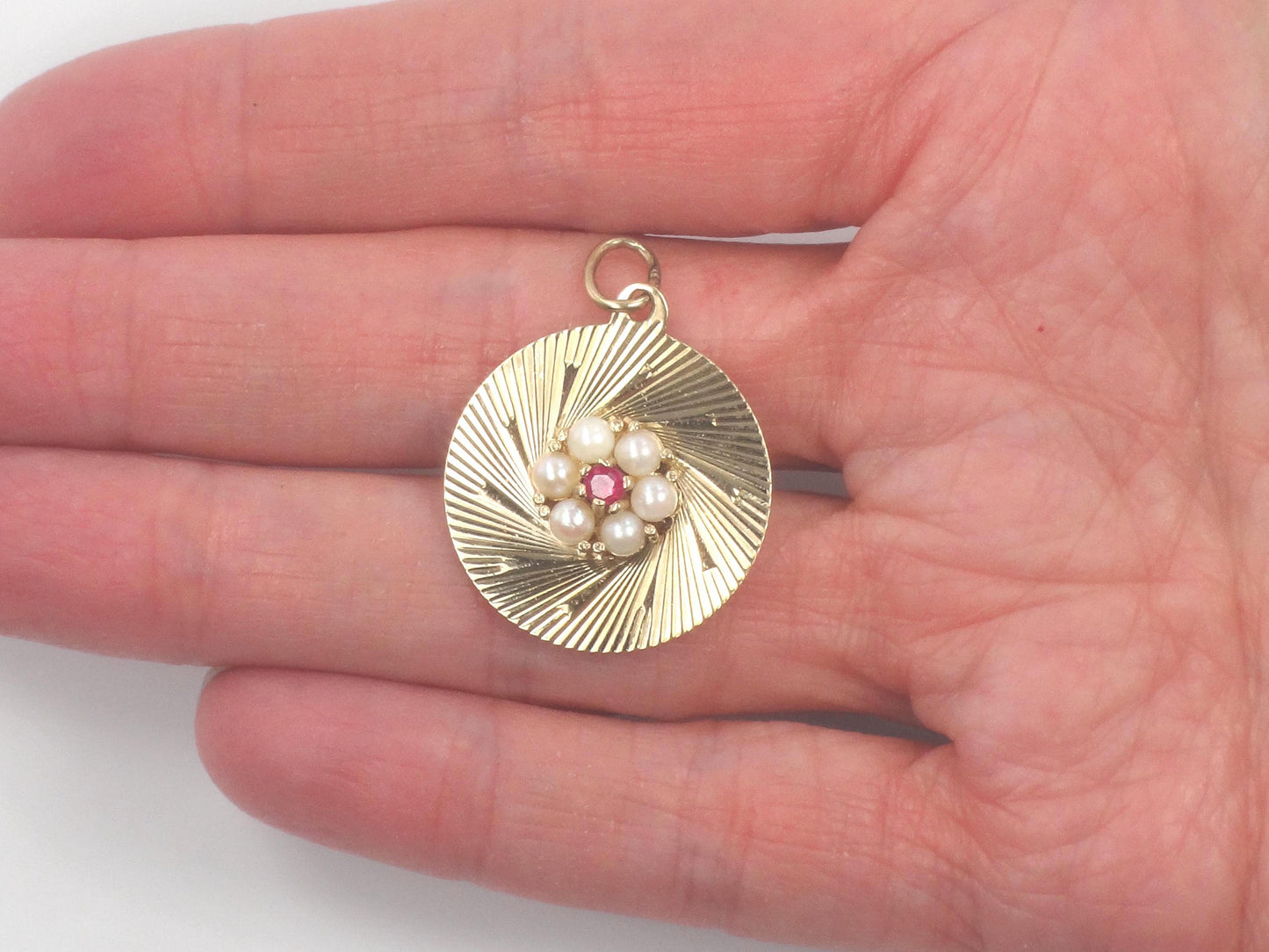Vintage 14k Pearl Ruby Round Disc Pendant, Yellow Gold Circle Charm, Circa 1960's