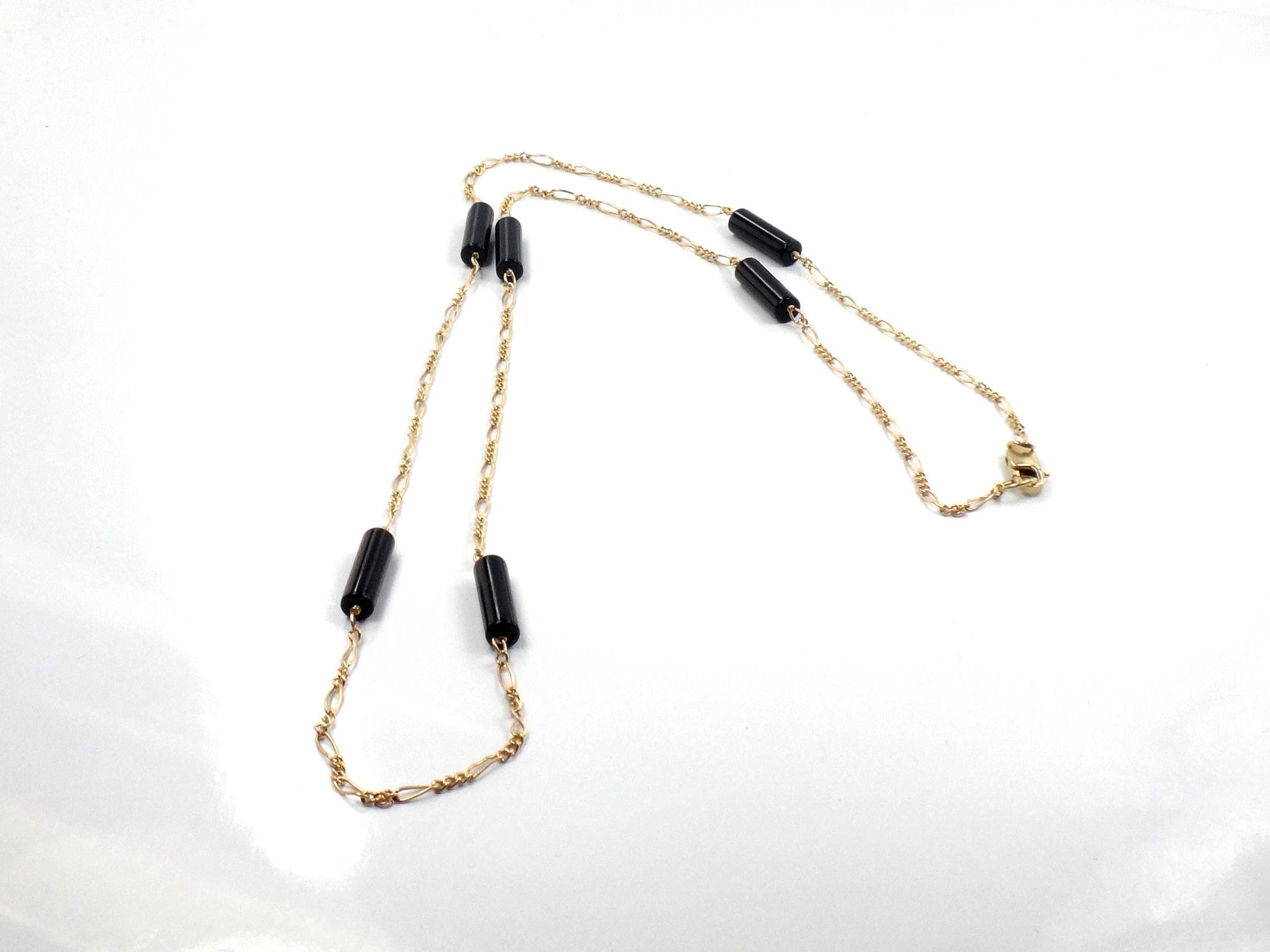 Vintage 14k Gold Black Onyx Station Chain Necklace, 20"