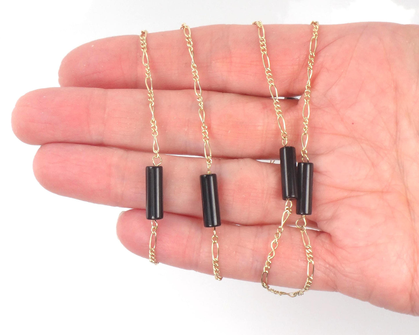 Vintage 14k Gold Black Onyx Station Chain Necklace, 20"