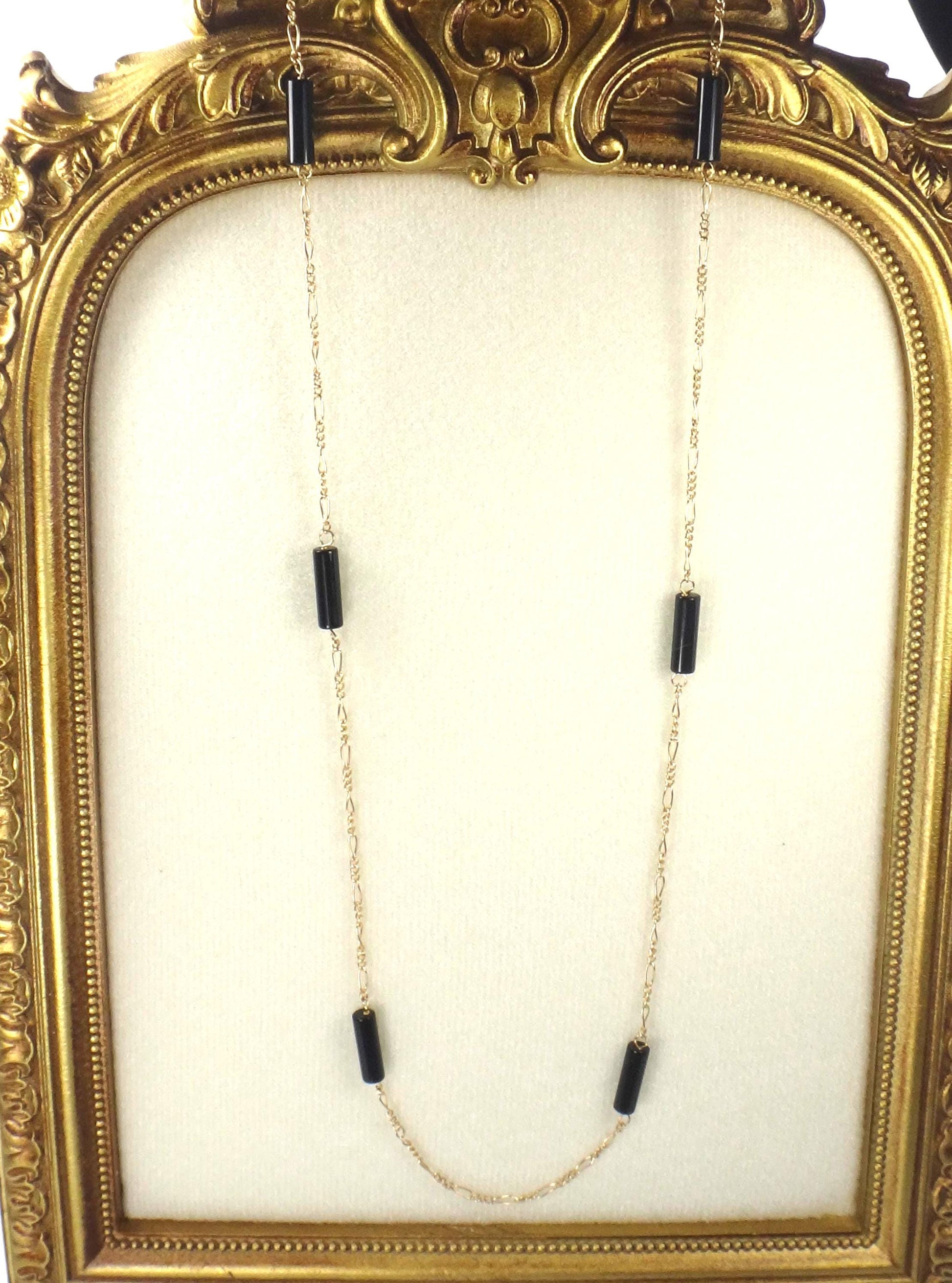 Vintage 14k Gold Black Onyx Station Chain Necklace, 20"