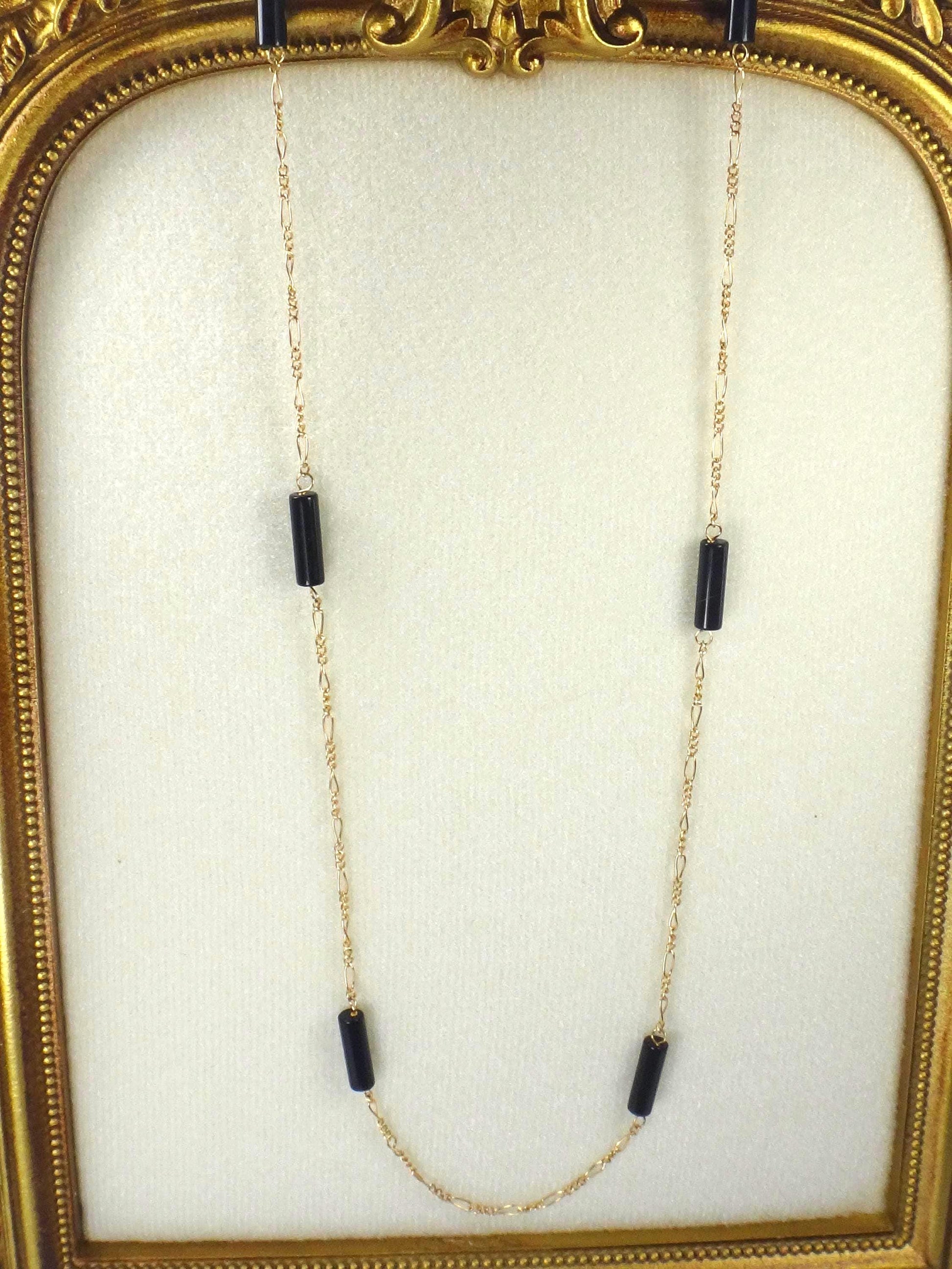 Vintage 14k Gold Black Onyx Station Chain Necklace, 20"