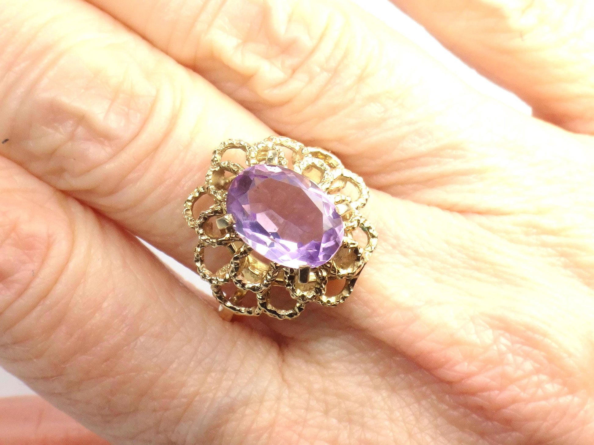 Vintage Yellow Gold Floral Amethyst Ring, Size 7