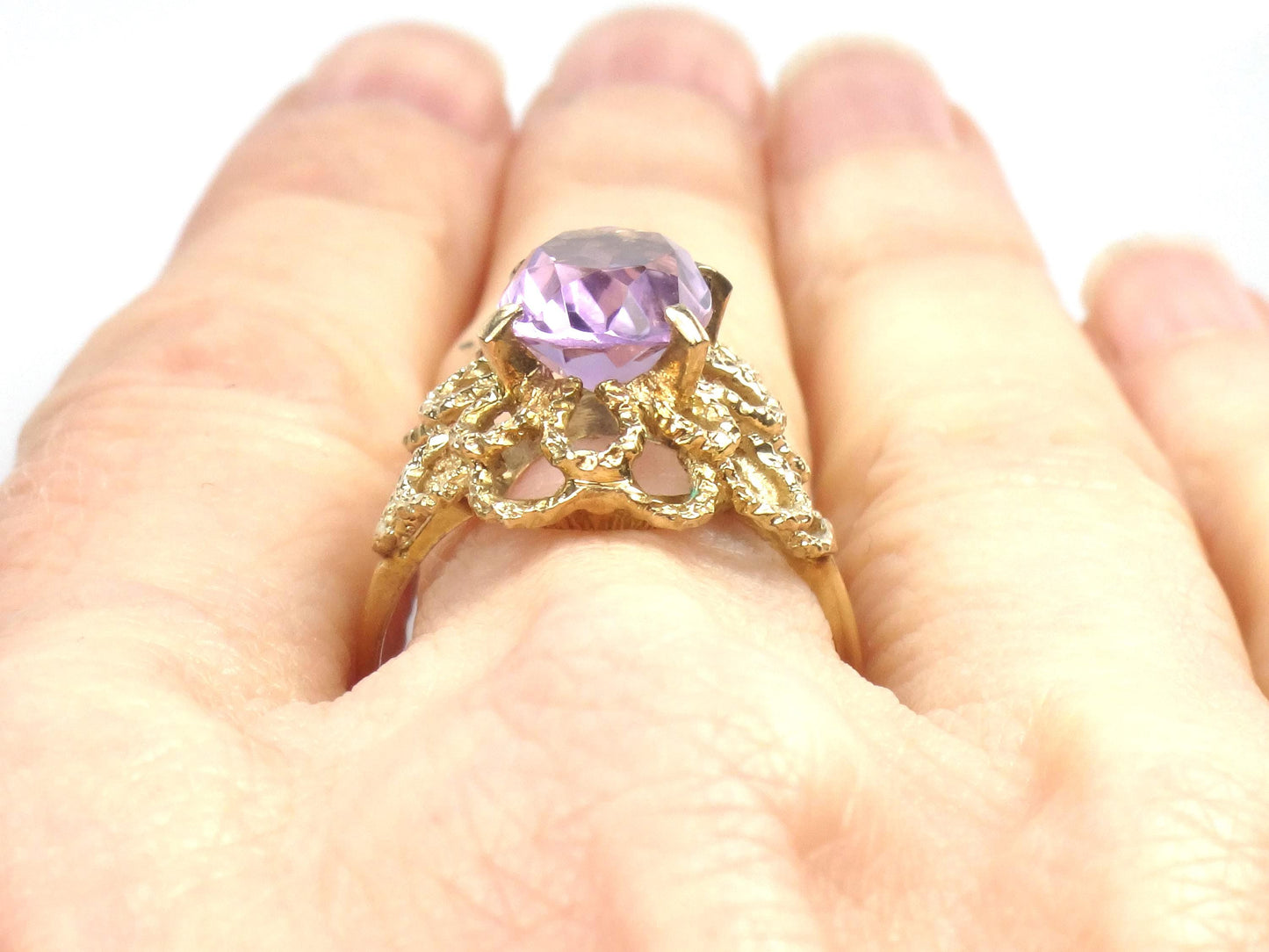 Vintage Yellow Gold Floral Amethyst Ring, Size 7