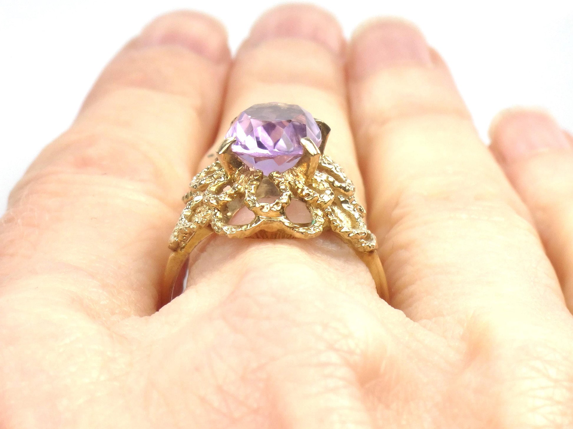 Vintage Yellow Gold Floral Amethyst Ring, Size 7