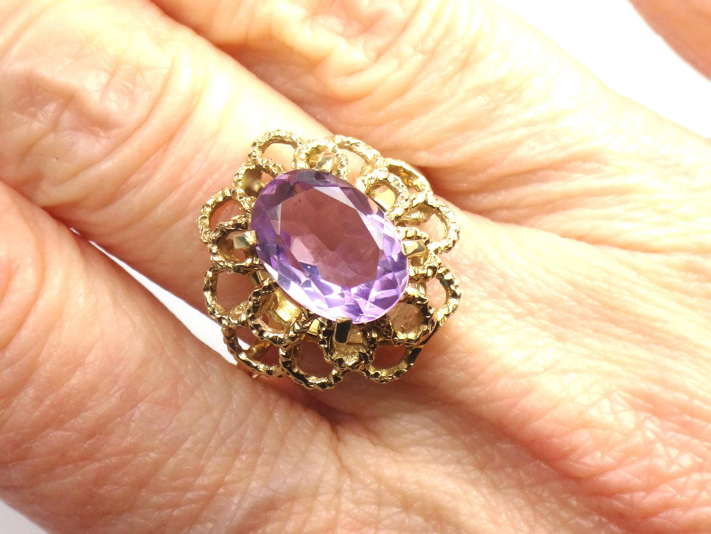 Vintage Yellow Gold Floral Amethyst Ring, Size 7
