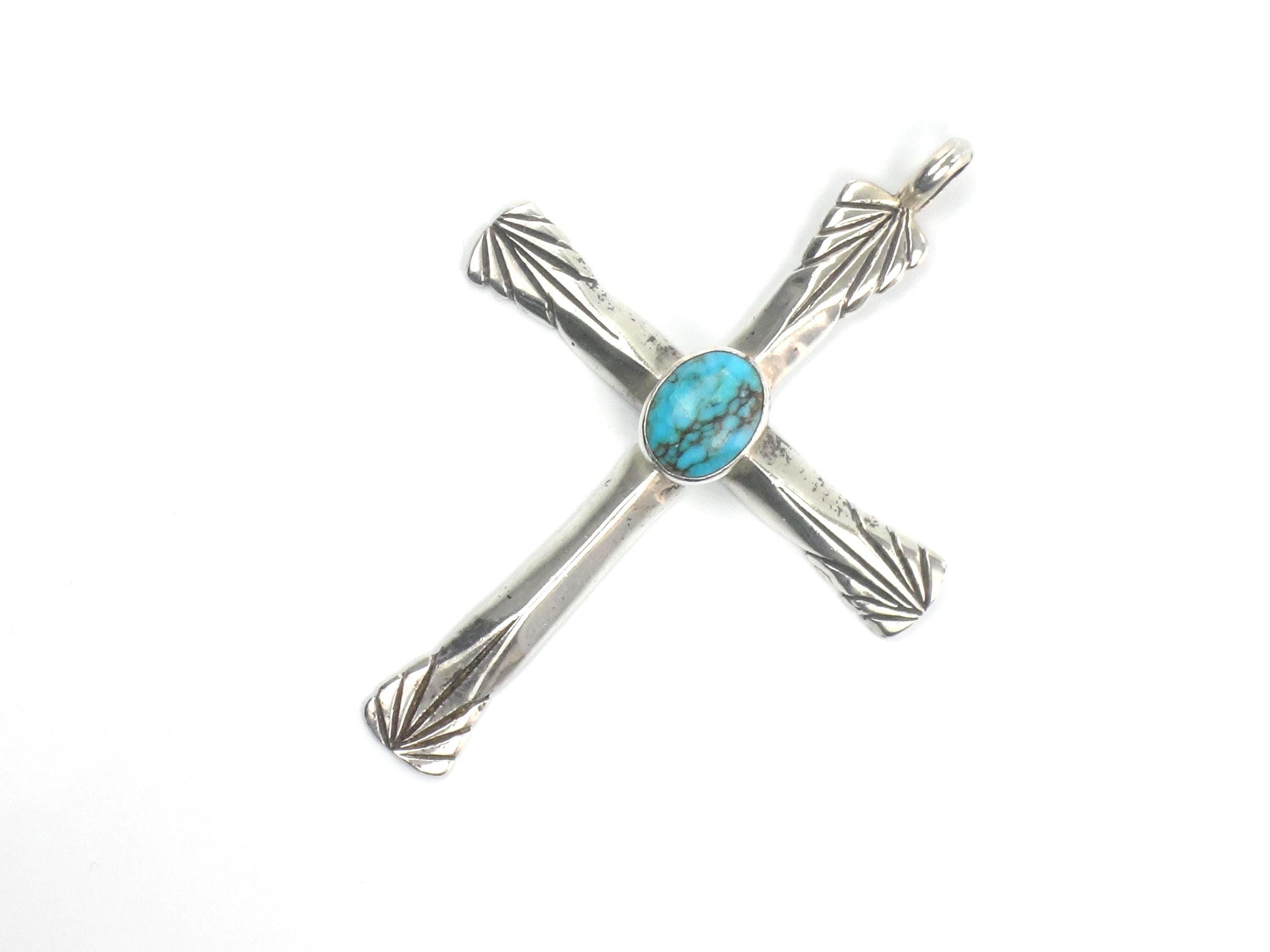 Vintage Large Sterling Silver Turquoise Cross Pendant